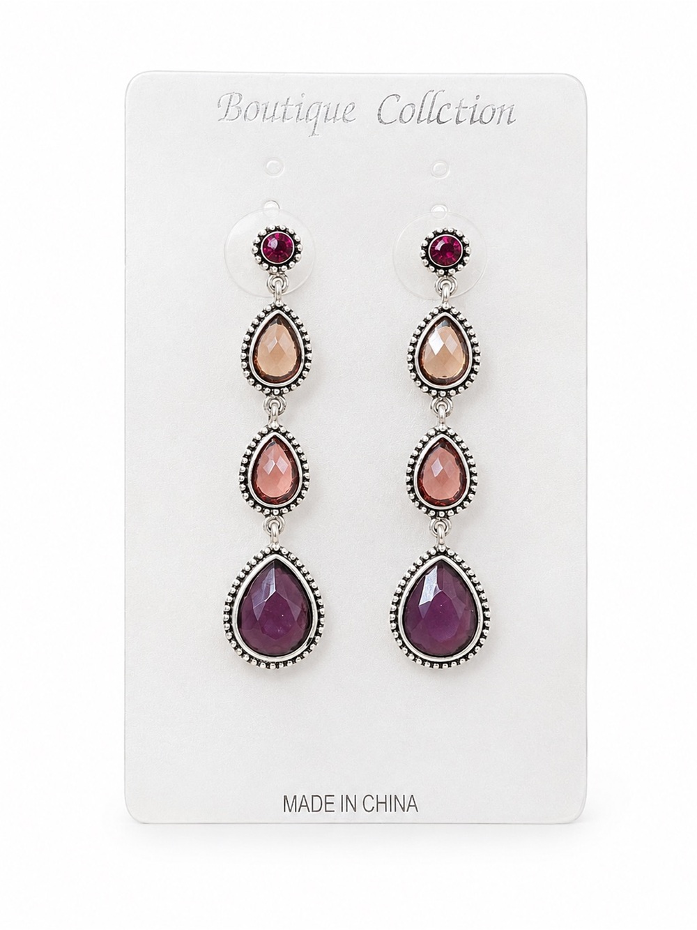 Boho Purple Pink Teardrop Statement Drop Earrings Silver Tone Boutique Chic NWT - Picture 2 of 5